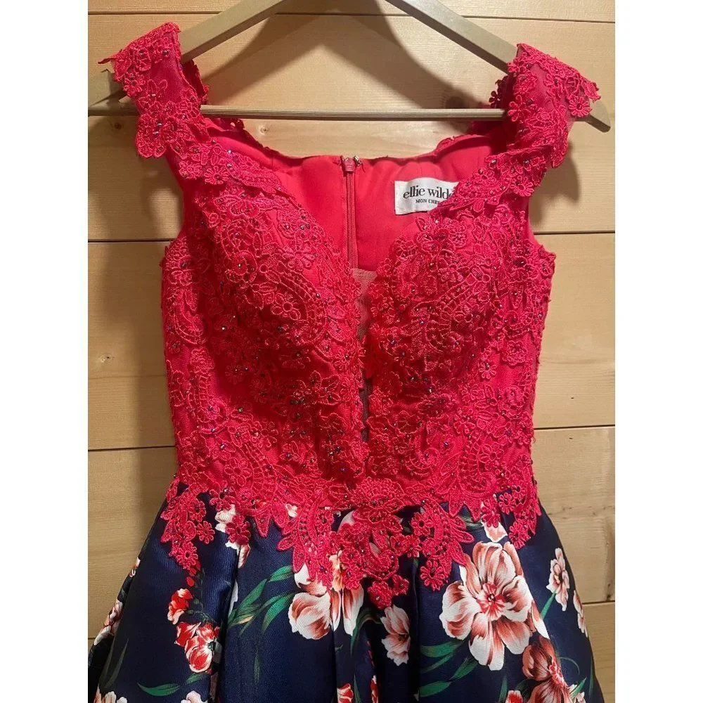 Ellie Wilde Mon Cherie Mikado Floral Beaded Pink Peekaboo Homecoming Mini Dress